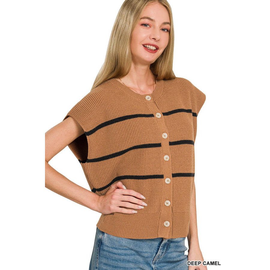 Zenana Striped Viscose Sweater Vest DEEP CAMEL / S Apparel and Accessories