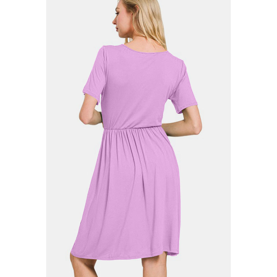 Zenana Surplice Short Sleeve Brushed DTY Dress Apparel and Accessories