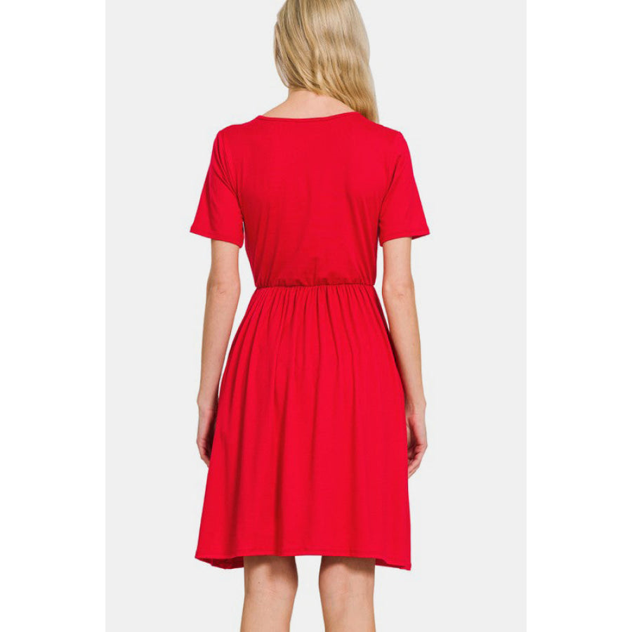 Zenana Surplice Short Sleeve Brushed DTY Dress Red / S Apparel and Accessories