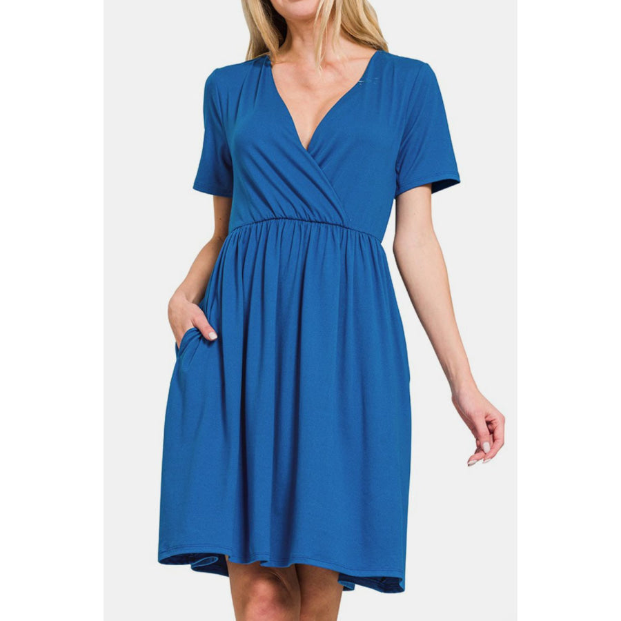 Zenana Surplice Short Sleeve Brushed DTY Dress Classic Blue / S Apparel and Accessories