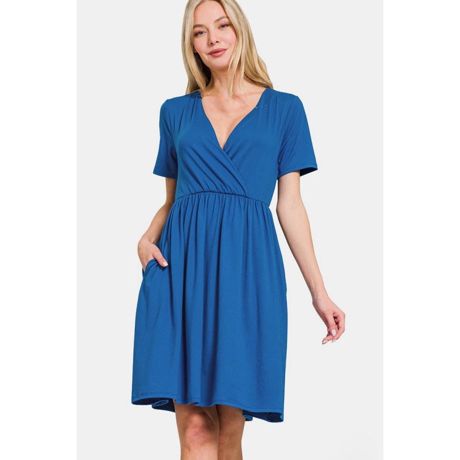 Zenana Surplice Short Sleeve Brushed DTY Dress Classic Blue / S Apparel and Accessories