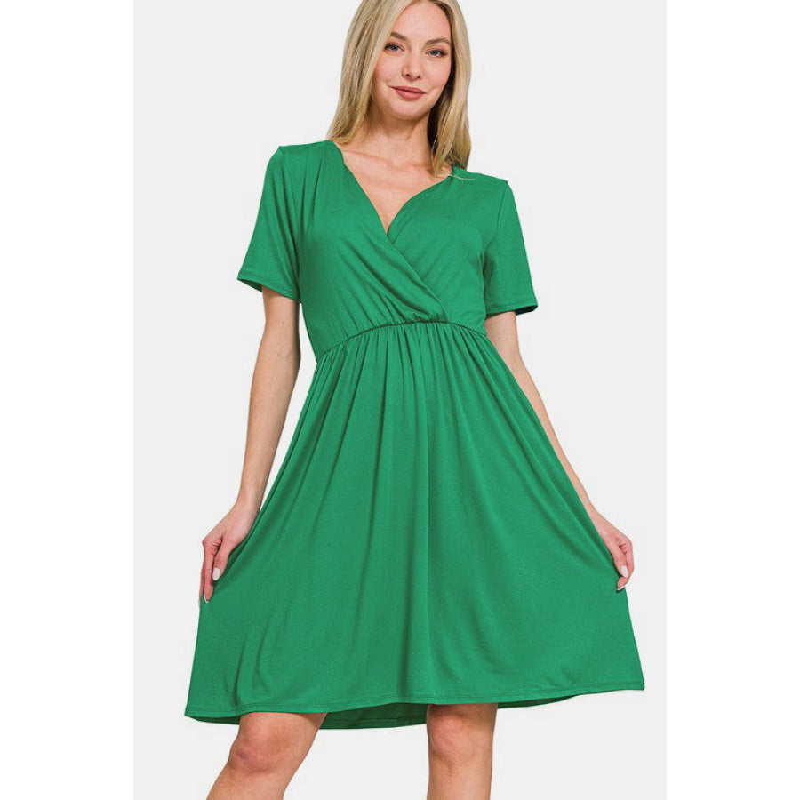 Zenana Surplice Short Sleeve Brushed DTY Dress Green / S Apparel and Accessories