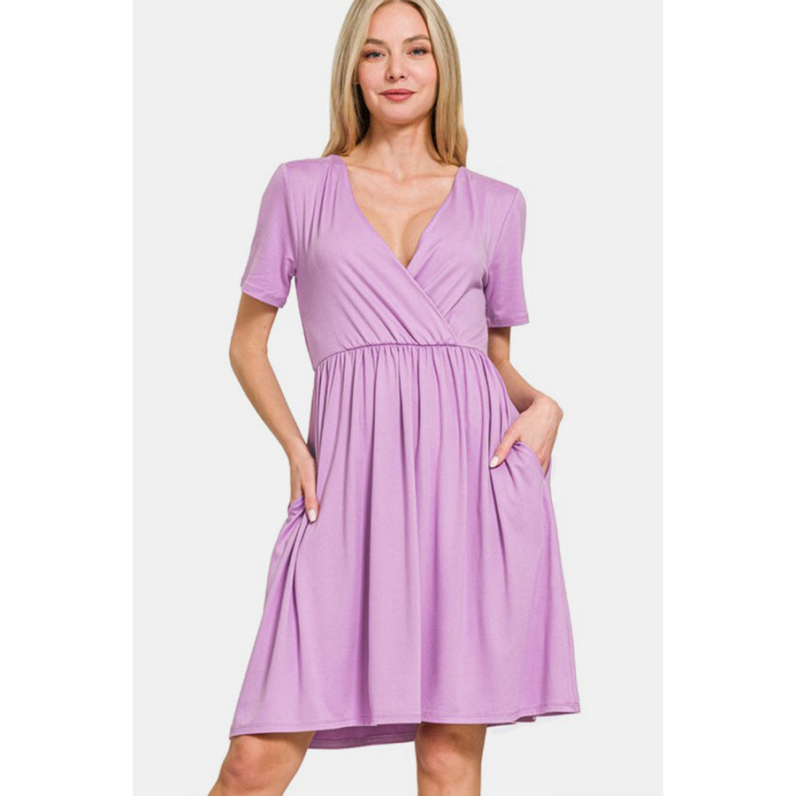 Zenana Surplice Short Sleeve Brushed DTY Dress Pink Purple / S Apparel and Accessories