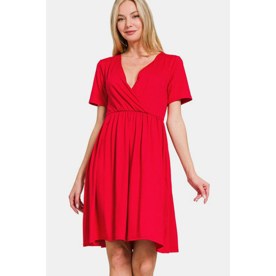 Zenana Surplice Short Sleeve Brushed DTY Dress Red / S Apparel and Accessories