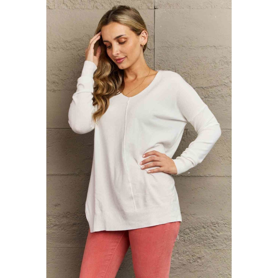 Zenana Sweater Weather Full Size Center Seam Tunic Sweater Ivory / XS Clothing