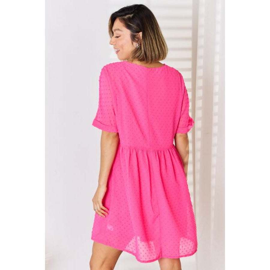 Zenana Swiss Dot Rolled Short Sleeve Babydoll Dress Apparel and Accessories