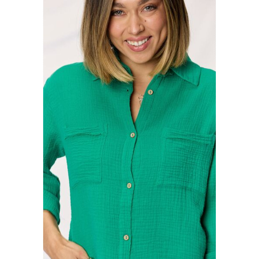 Zenana Texture Button Up Raw Hem Long Sleeve Shirt Apparel and Accessories