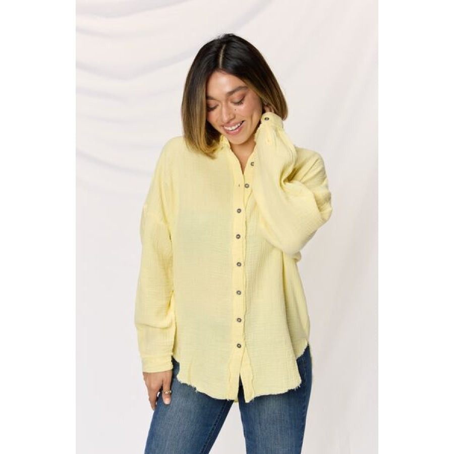 Zenana Texture Button Up Raw Hem Long Sleeve Shirt BANANA / S Apparel and Accessories