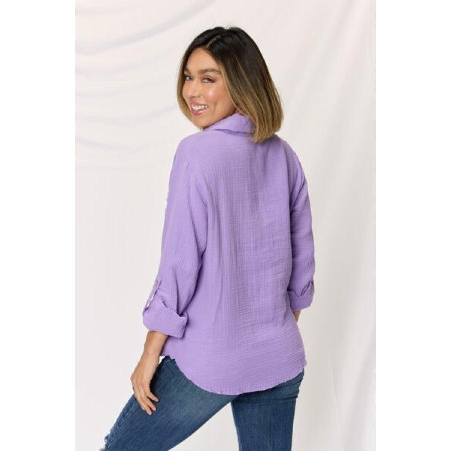 Zenana Texture Button Up Raw Hem Long Sleeve Shirt LAVENDER / S Apparel and Accessories