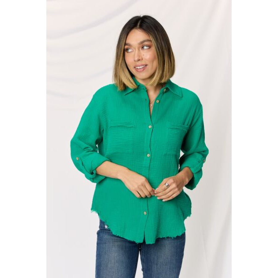 Zenana Texture Button Up Raw Hem Long Sleeve Shirt KGREEN / S Apparel and Accessories