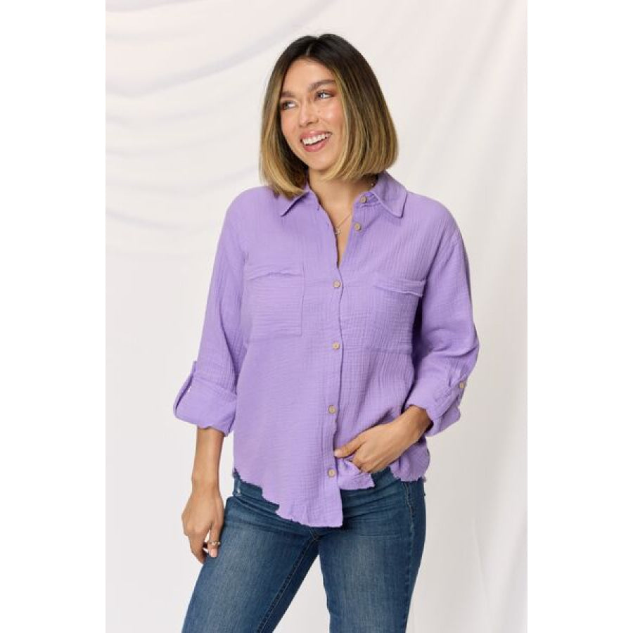 Zenana Texture Button Up Raw Hem Long Sleeve Shirt LAVENDER / S Apparel and Accessories