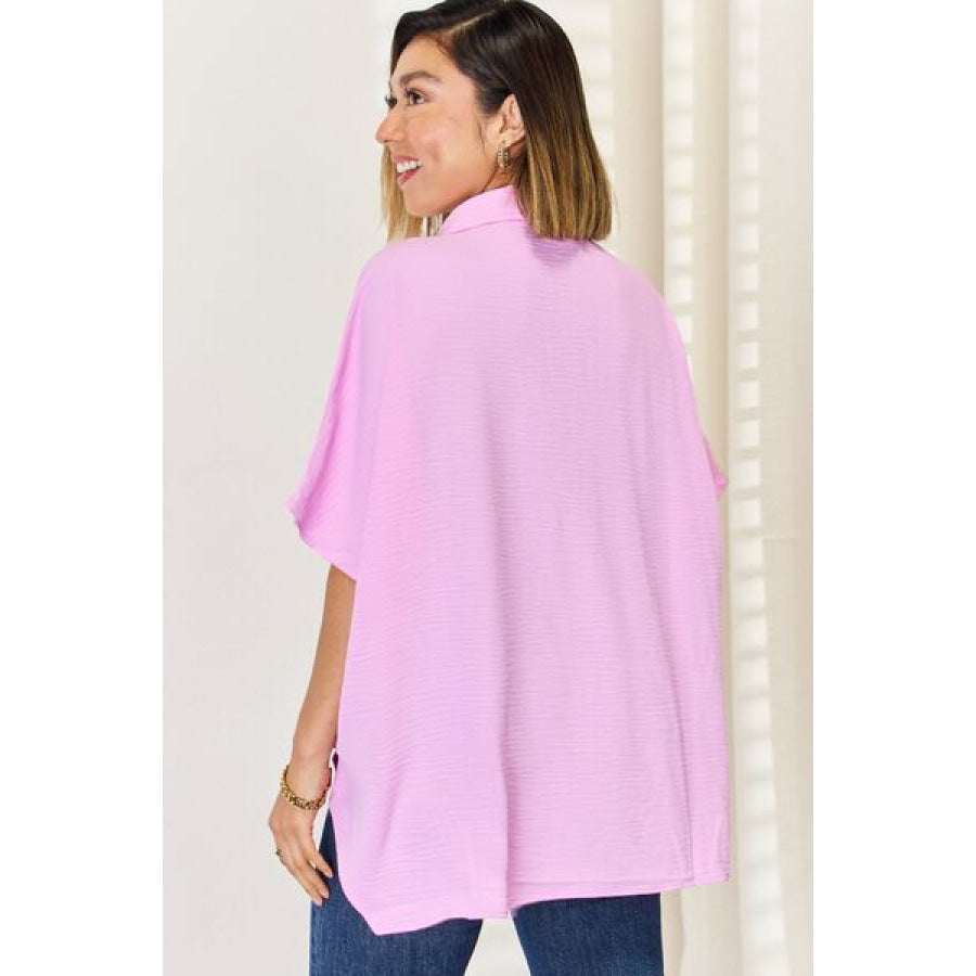 Zenana Texture Button Up Short Sleeve High - Low Shirt Mauve / S Apparel and Accessories