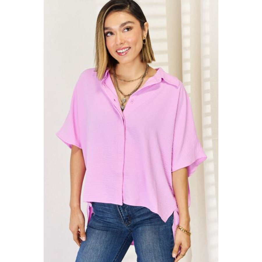 Zenana Texture Button Up Short Sleeve High - Low Shirt Mauve / S Apparel and Accessories