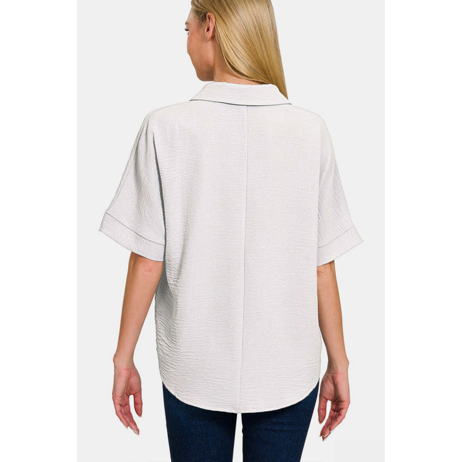 Zenana Texture Collared Neck Short Sleeve Top Off White / S Apparel and Accessories