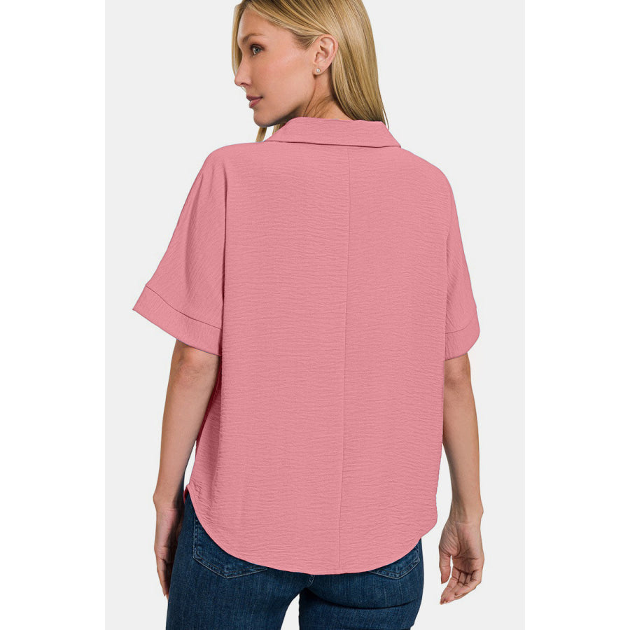 Zenana Texture Collared Neck Short Sleeve Top Lt Rose / S Apparel and Accessories