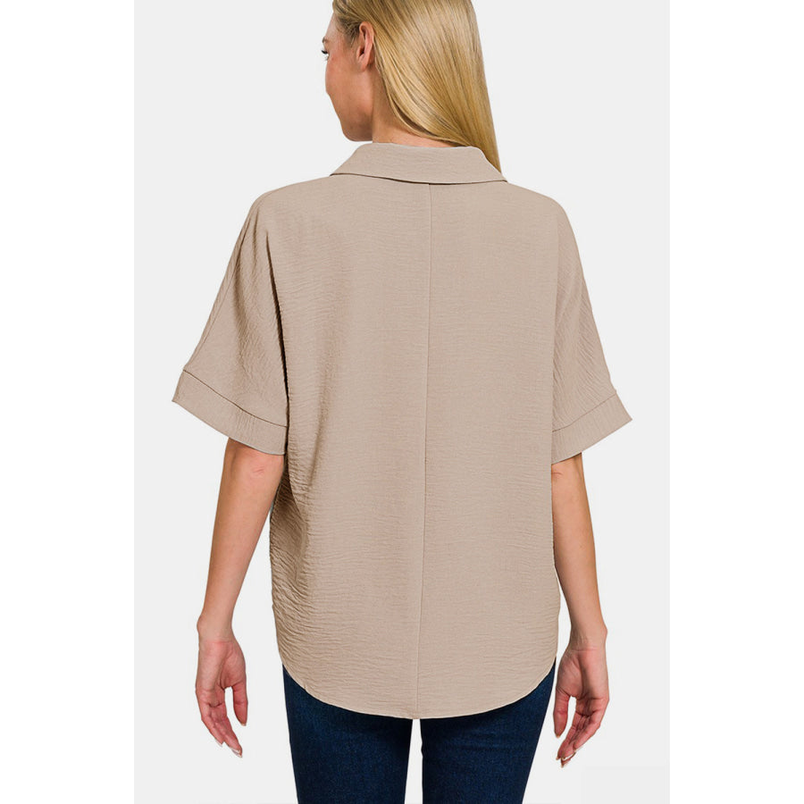 Zenana Texture Collared Neck Short Sleeve Top Ash Mocha / S Apparel and Accessories