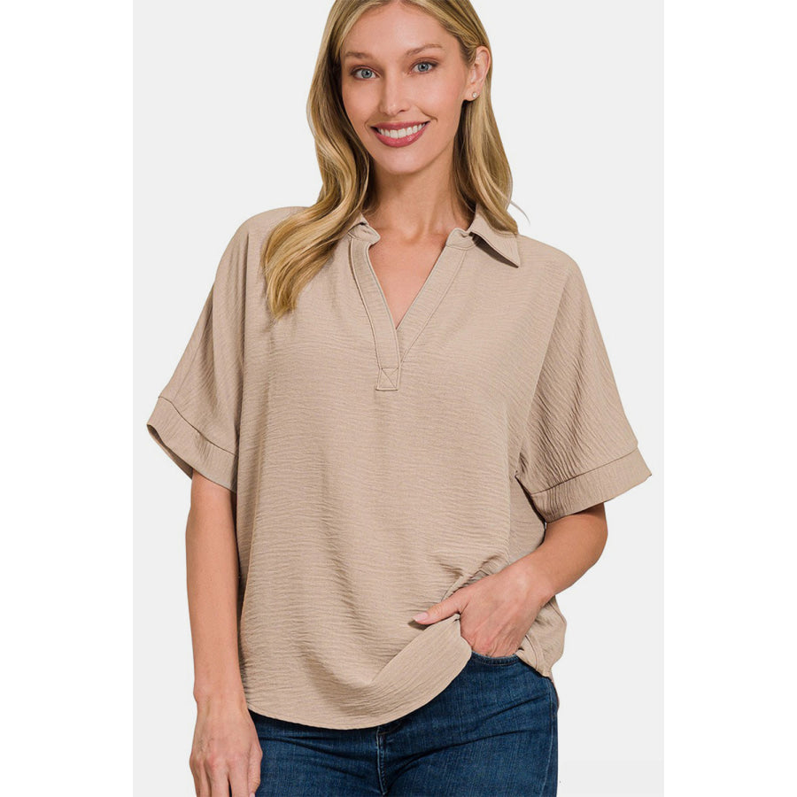 Zenana Texture Collared Neck Short Sleeve Top Ash Mocha / S Apparel and Accessories
