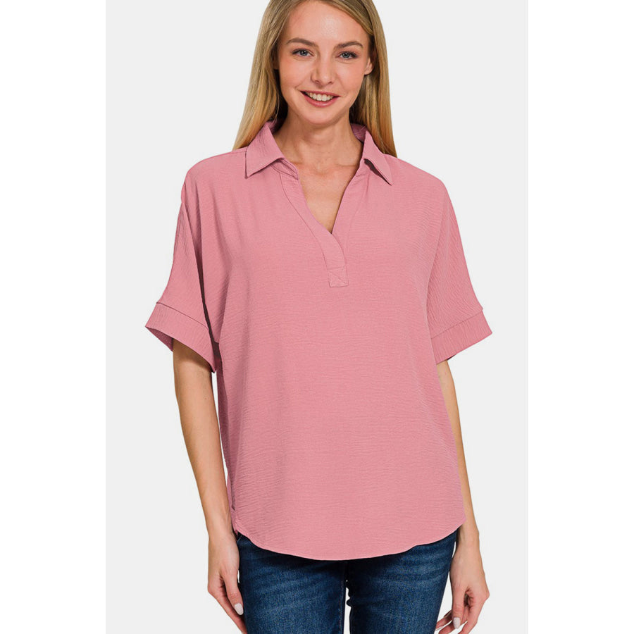 Zenana Texture Collared Neck Short Sleeve Top Lt Rose / S Apparel and Accessories