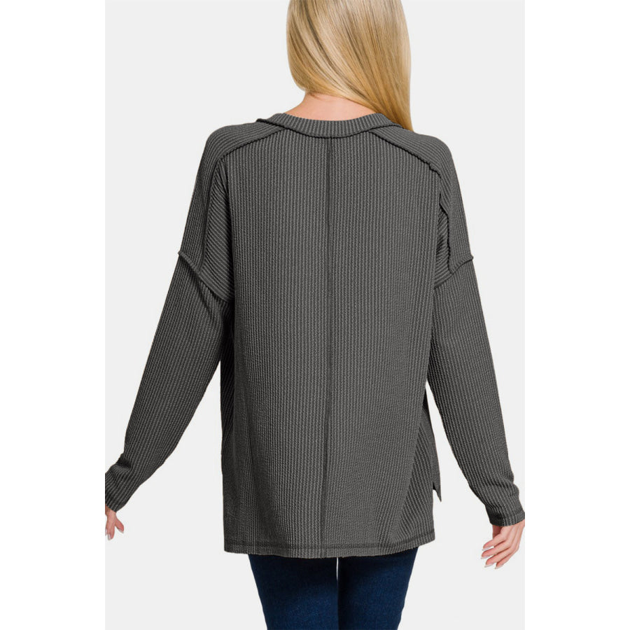 Zenana Texture Exposed Seam V-Neck Long Sleeve T-Shirt Charcoal / S/M Apparel and Accessories