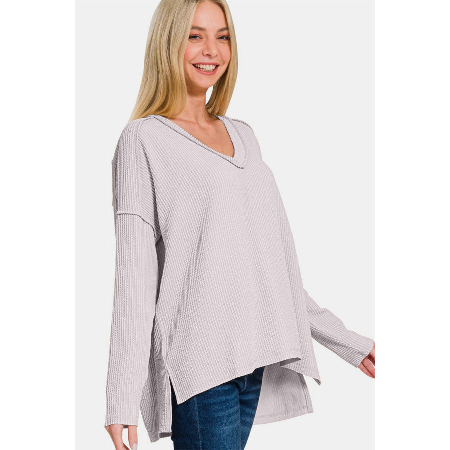 Zenana Texture Exposed Seam V-Neck Long Sleeve T-Shirt Apparel and Accessories