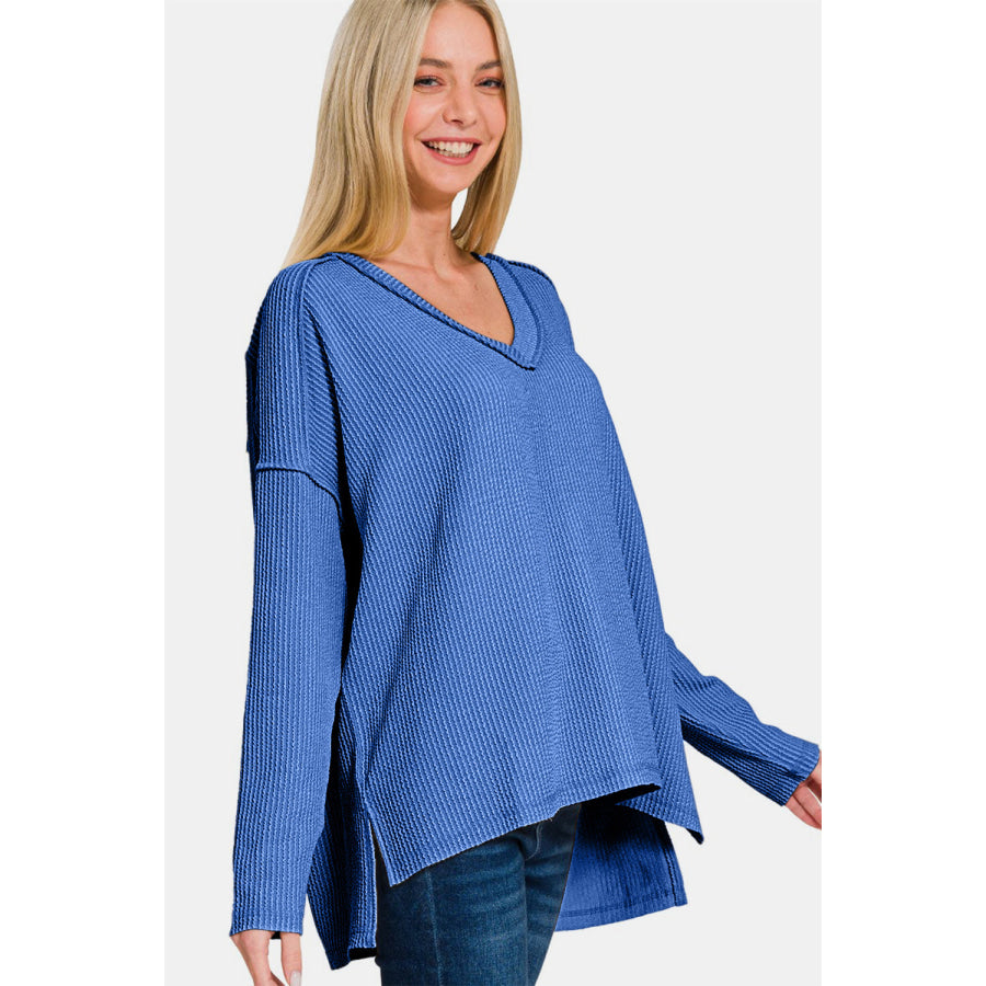 Zenana Texture Exposed Seam V-Neck Long Sleeve T-Shirt Apparel and Accessories