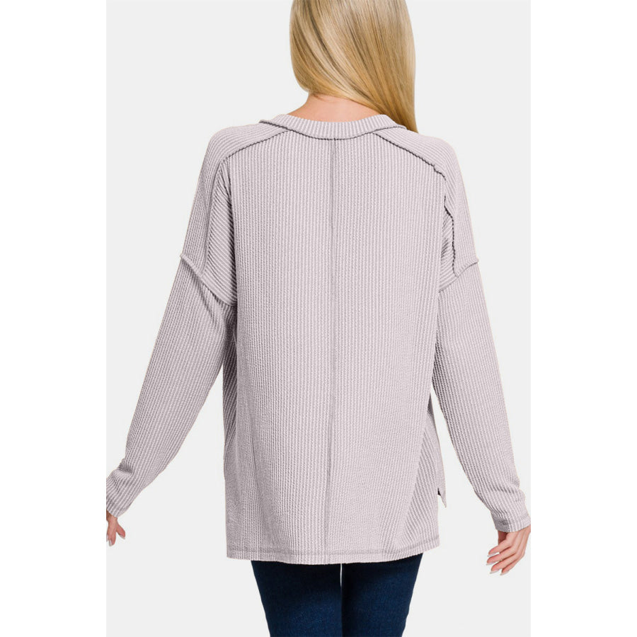 Zenana Texture Exposed Seam V-Neck Long Sleeve T-Shirt Apparel and Accessories