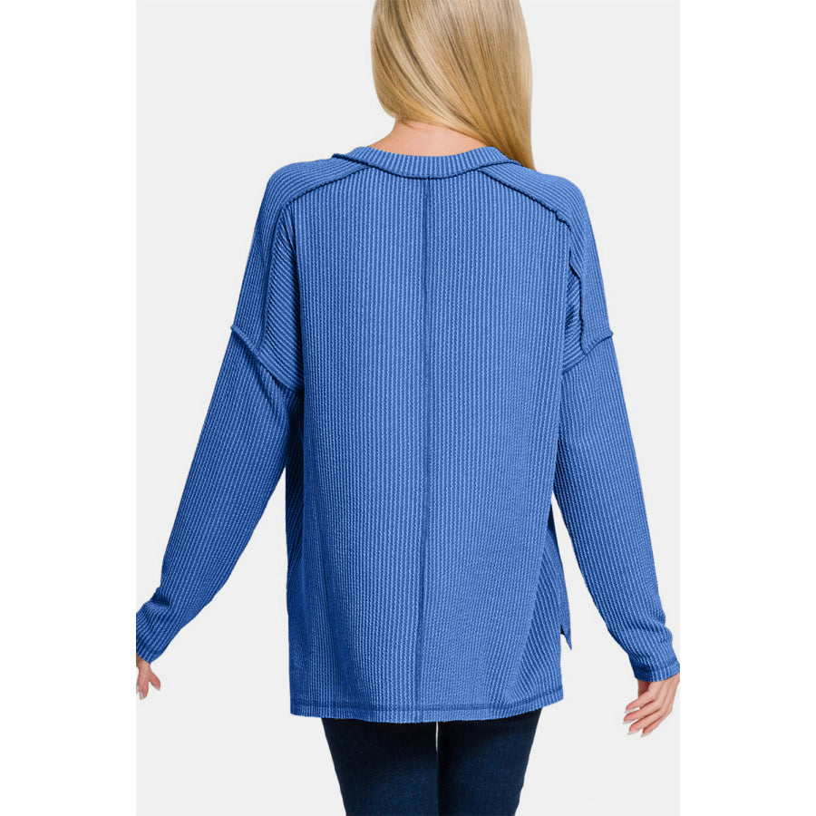 Zenana Texture Exposed Seam V-Neck Long Sleeve T-Shirt Apparel and Accessories