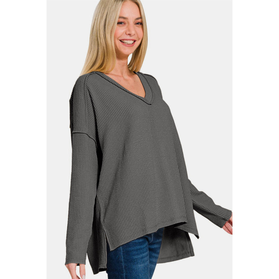 Zenana Texture Exposed Seam V-Neck Long Sleeve T-Shirt Apparel and Accessories