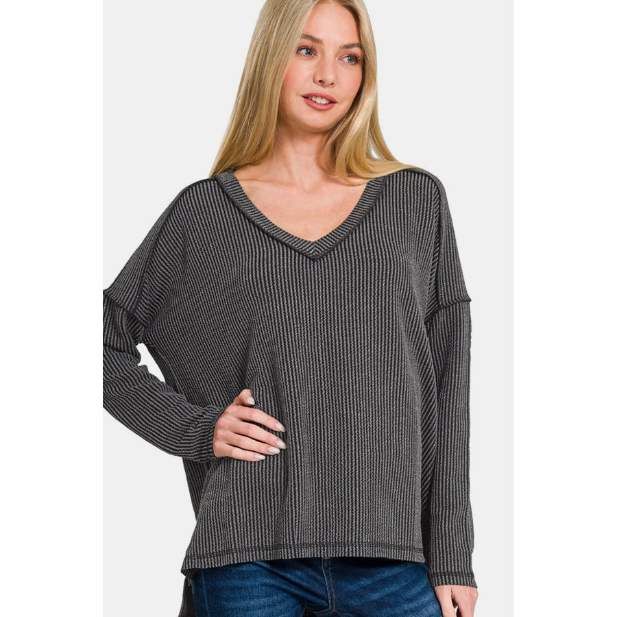 Zenana Texture Exposed Seam V-Neck Long Sleeve T-Shirt Charcoal / S/M Apparel and Accessories