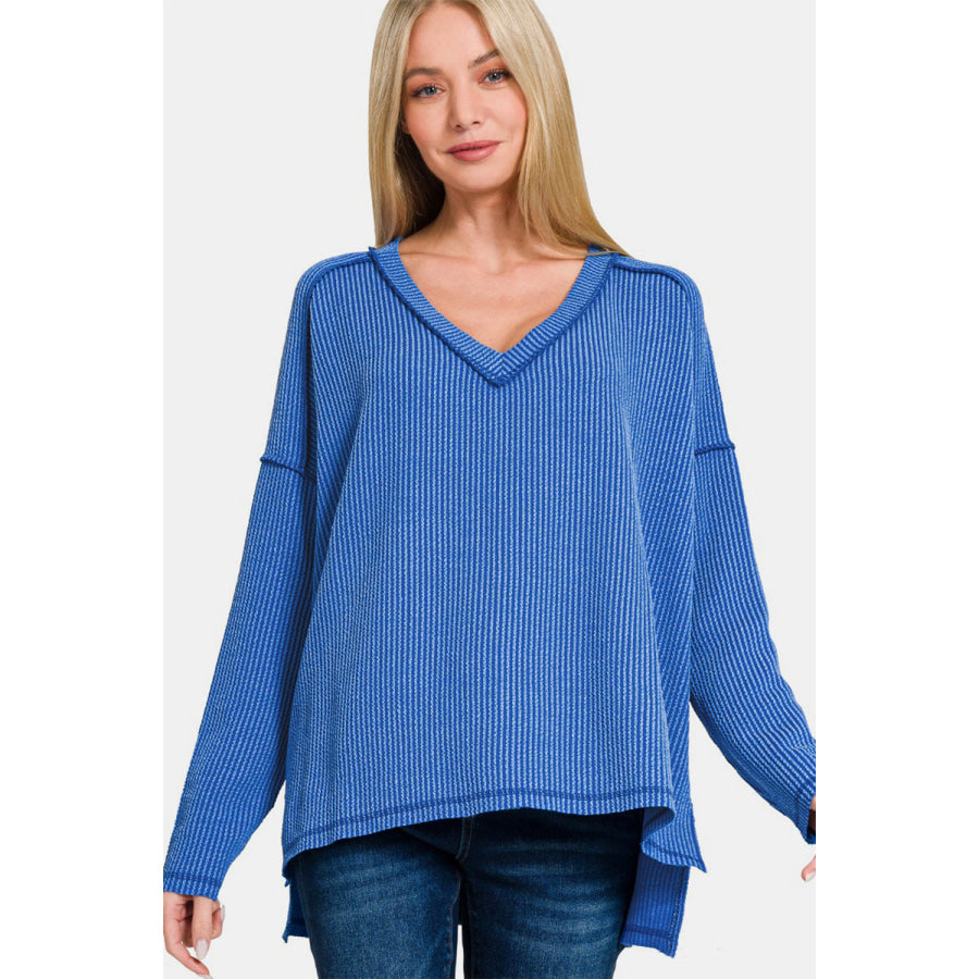 Zenana Texture Exposed Seam V-Neck Long Sleeve T-Shirt Classic Blue / S/M Apparel and Accessories