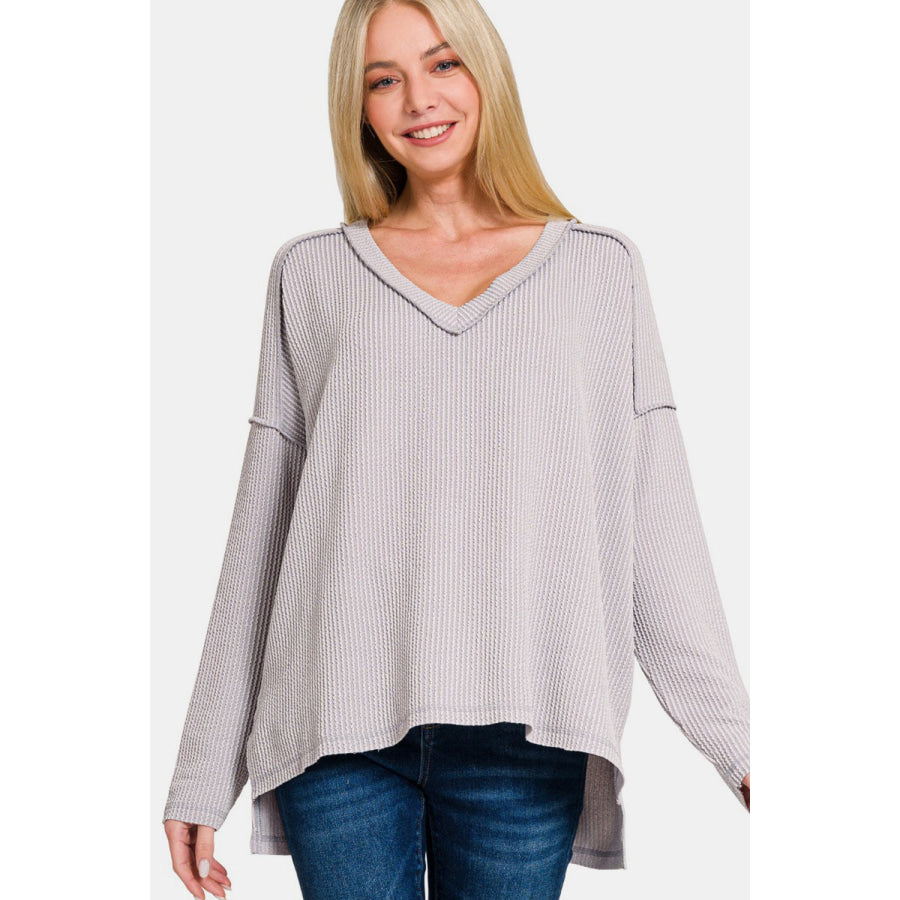 Zenana Texture Exposed Seam V-Neck Long Sleeve T-Shirt Light Gray / S/M Apparel and Accessories