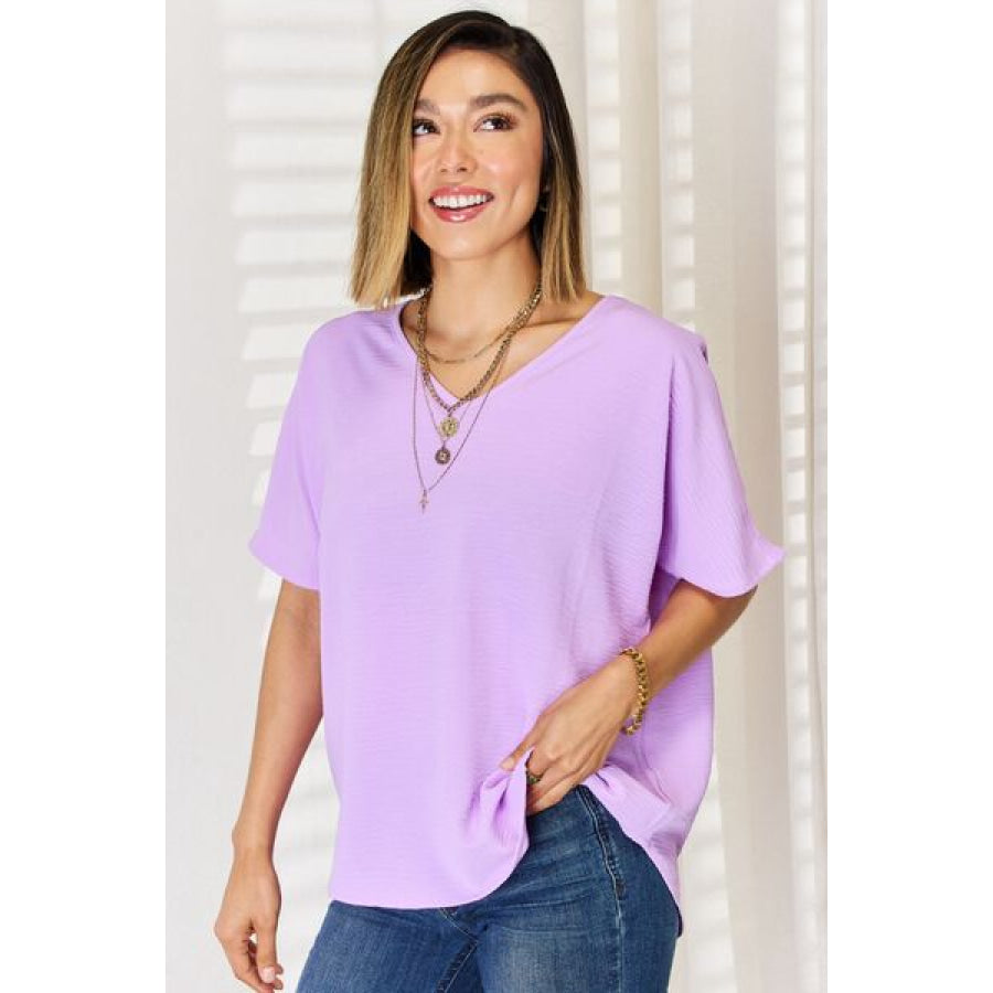 Zenana Texture Short Sleeve T - Shirt Bright Lavender / S Apparel and Accessories
