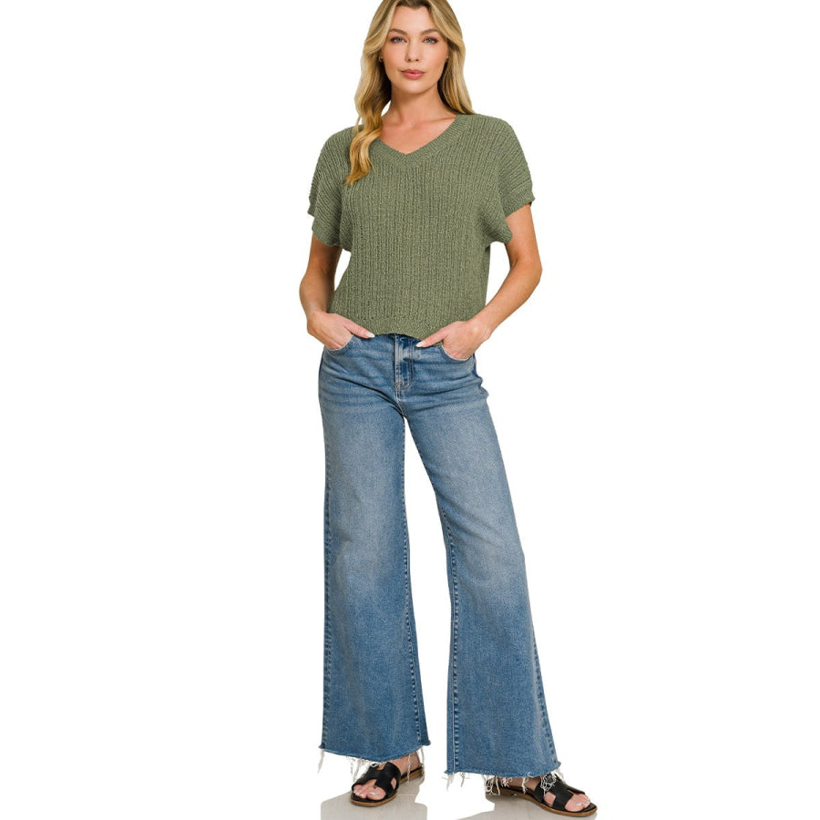 Zenana Textured Knit V-Neck Cropped Sweater Apparel and Accessories