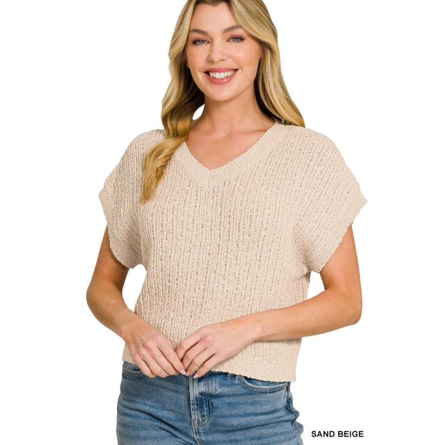Zenana Textured Knit V-Neck Cropped Sweater SAND BEIGE / S Apparel and Accessories