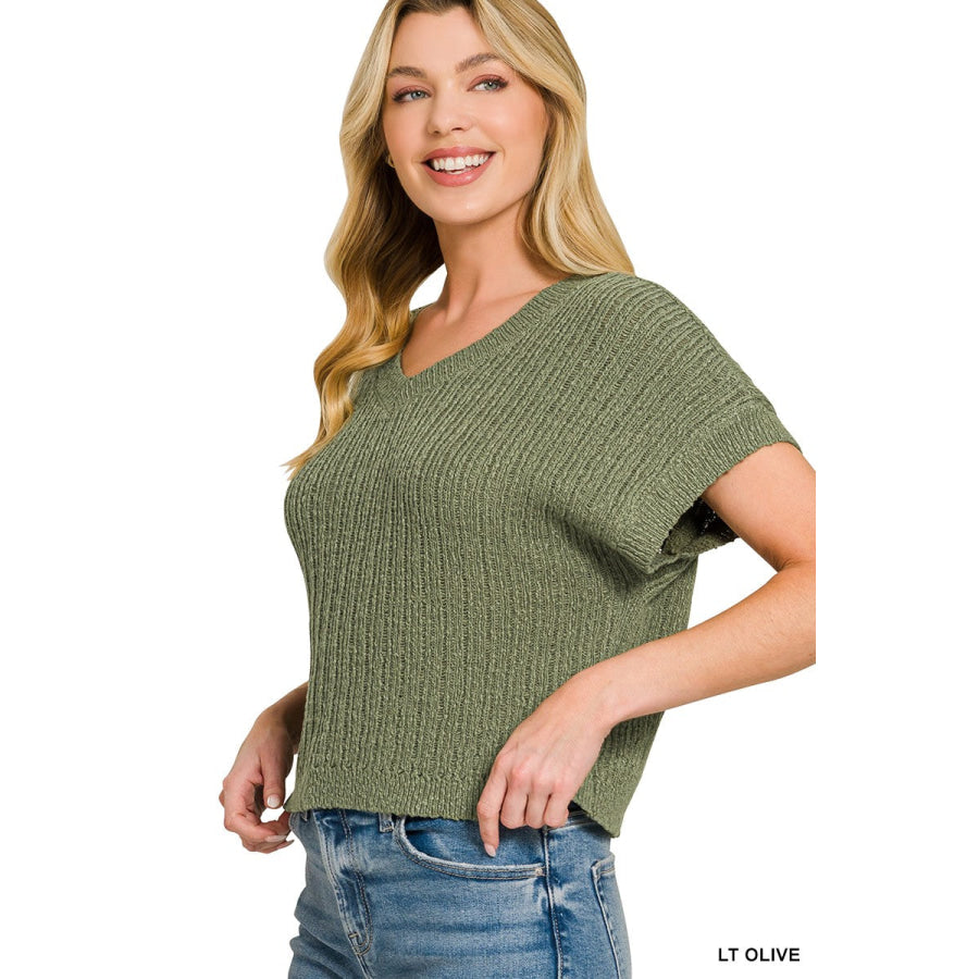 Zenana Textured Knit V-Neck Cropped Sweater LT OLIVE / S Apparel and Accessories