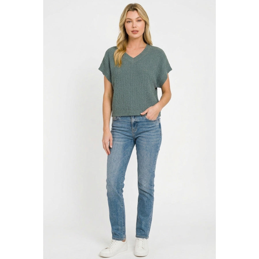 Zenana Textured Knit V-Neck Cropped Sweater Apparel and Accessories