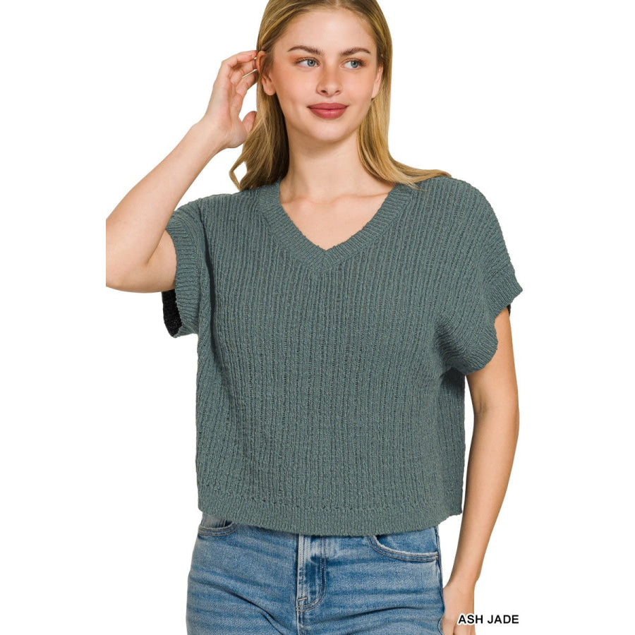 Zenana Textured Knit V-Neck Cropped Sweater ASH JADE / S Apparel and Accessories