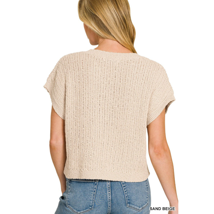 Zenana Textured Knit V-Neck Cropped Sweater Apparel and Accessories