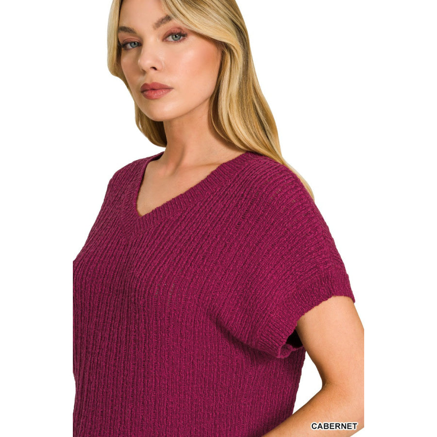Zenana Textured Knit V-Neck Cropped Sweater Apparel and Accessories