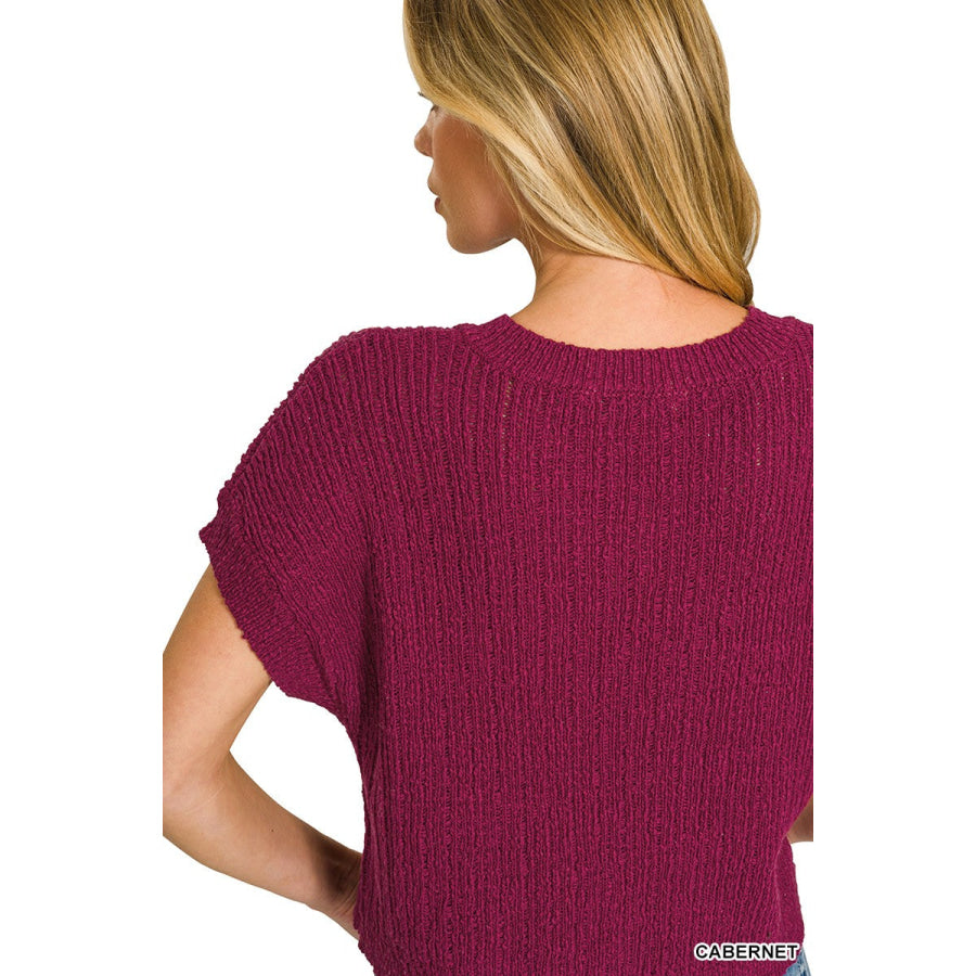 Zenana Textured Knit V-Neck Cropped Sweater Apparel and Accessories