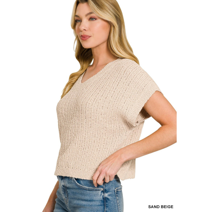 Zenana Textured Knit V-Neck Cropped Sweater Apparel and Accessories