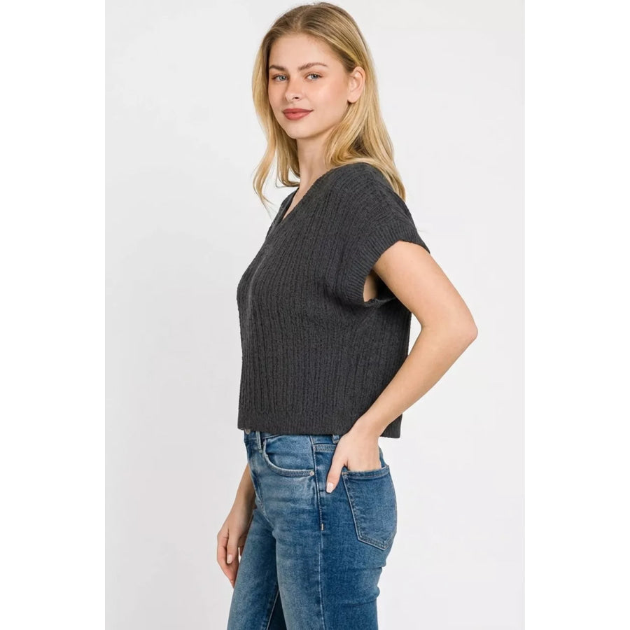 Zenana Textured Knit V-Neck Cropped Sweater Apparel and Accessories
