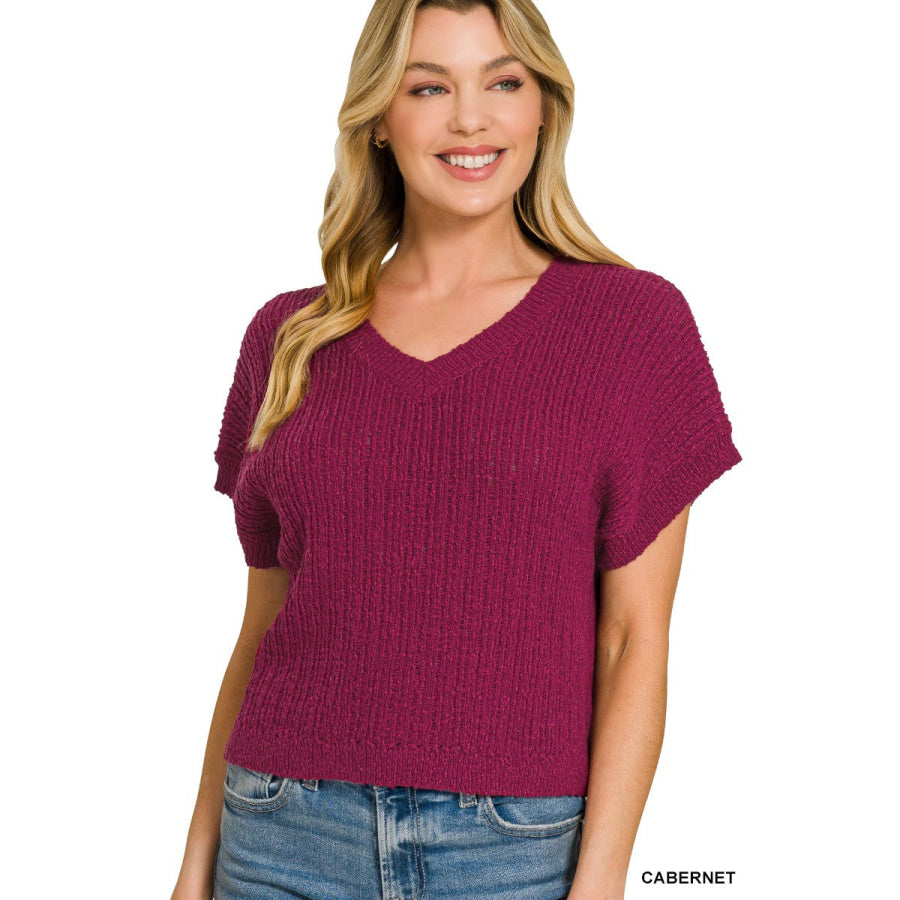 Zenana Textured Knit V-Neck Cropped Sweater CABERNET / S Apparel and Accessories