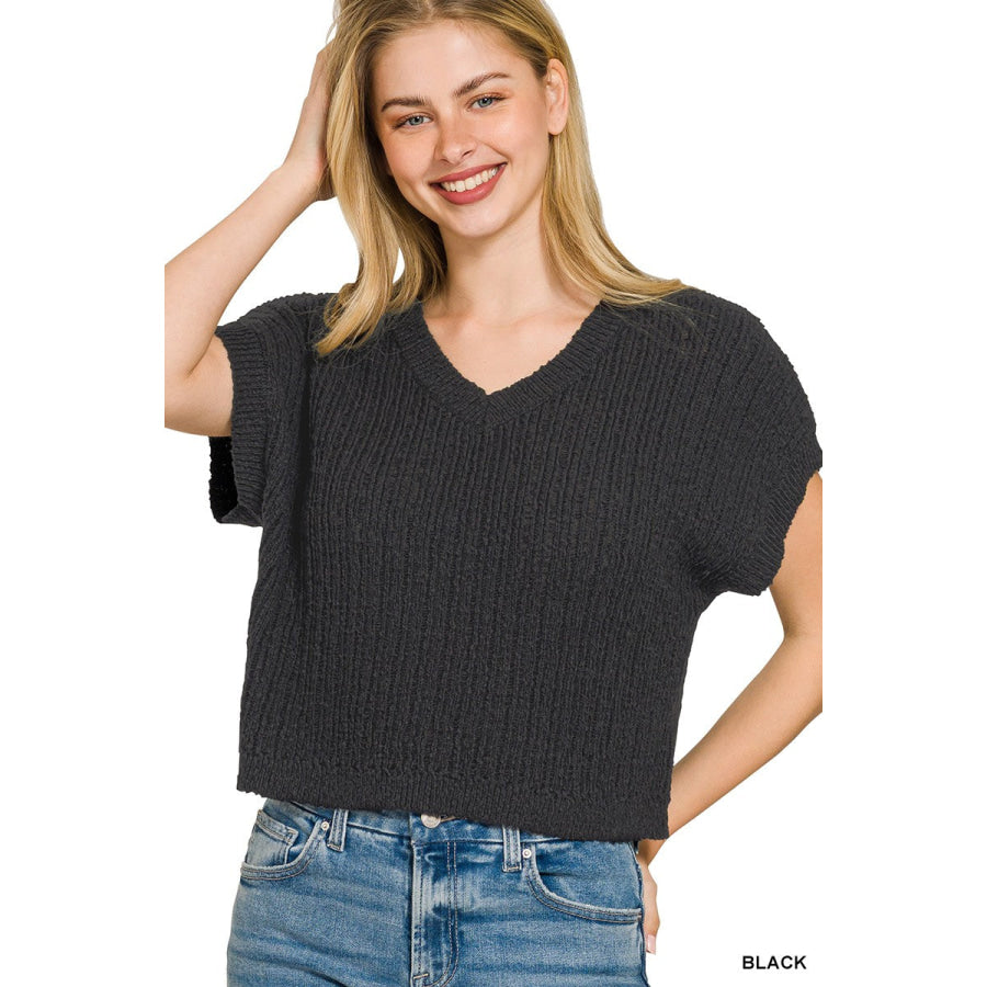 Zenana Textured Knit V-Neck Cropped Sweater Apparel and Accessories