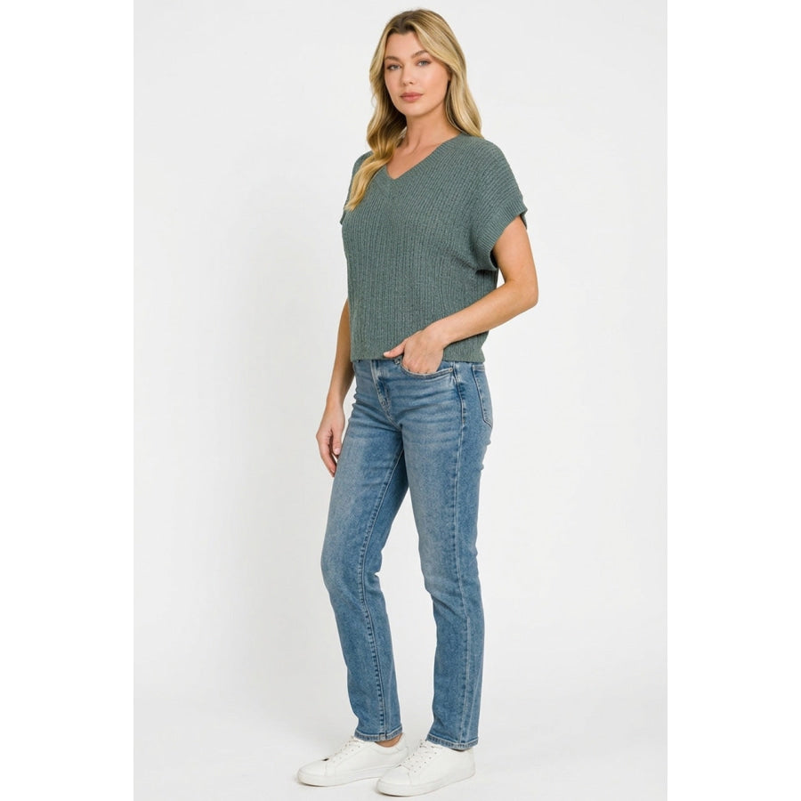 Zenana Textured Knit V-Neck Cropped Sweater Apparel and Accessories