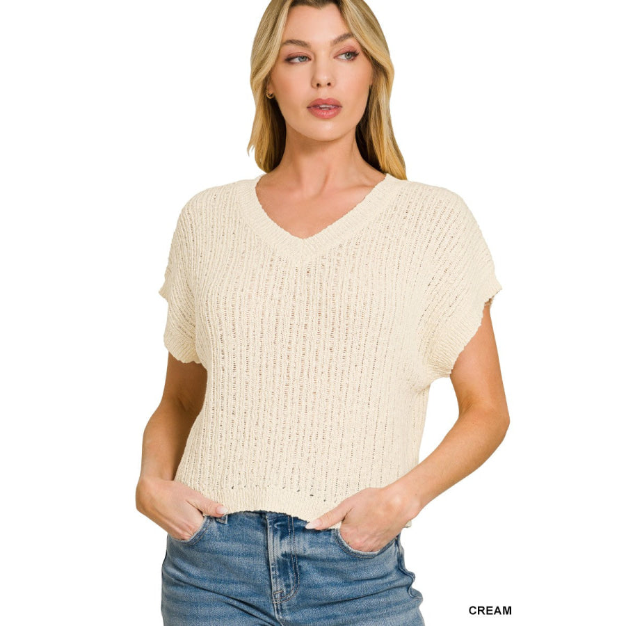 Zenana Textured Knit V-Neck Cropped Sweater CREAM / S Apparel and Accessories