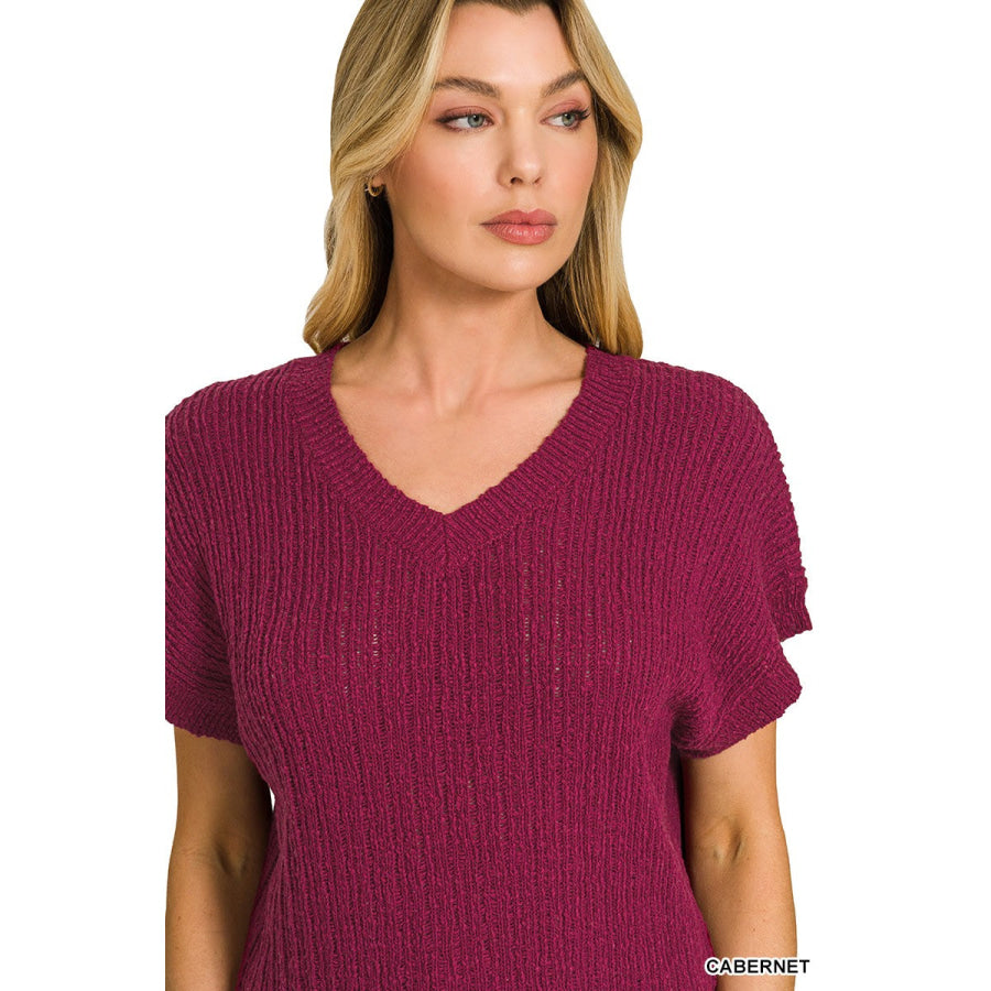 Zenana Textured Knit V-Neck Cropped Sweater Apparel and Accessories