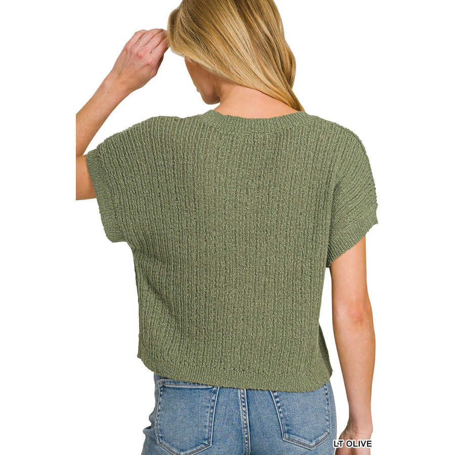 Zenana Textured Knit V-Neck Cropped Sweater Apparel and Accessories