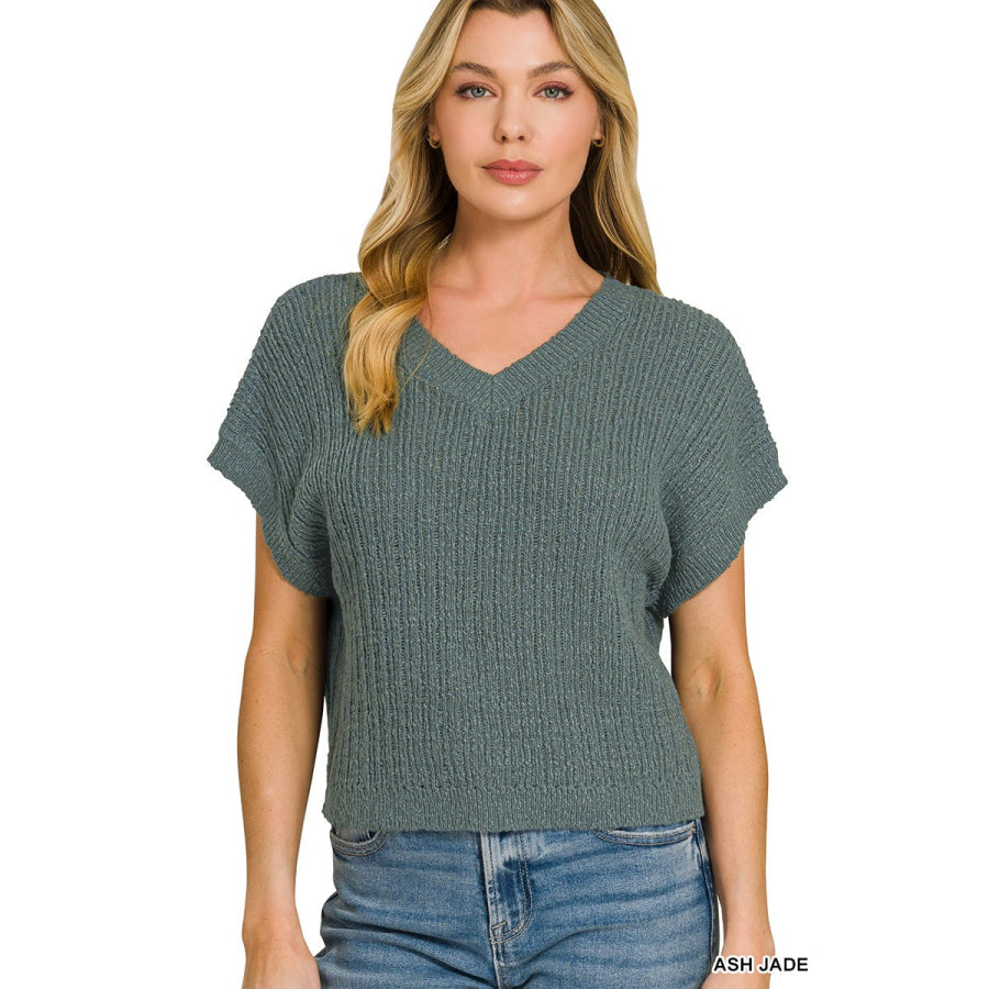 Zenana Textured Knit V-Neck Cropped Sweater ASH JADE / S Apparel and Accessories
