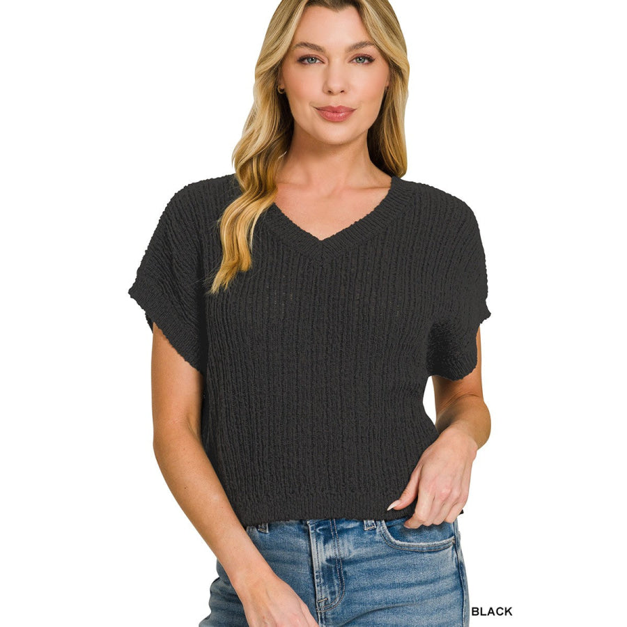 Zenana Textured Knit V-Neck Cropped Sweater BLACK / S Apparel and Accessories